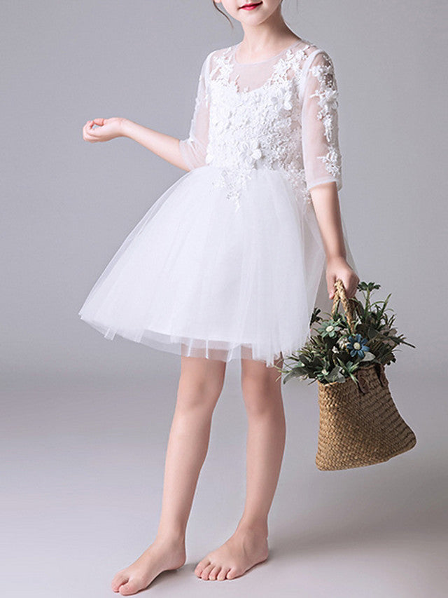 Short Princess Polyester Jewel Neck First Communion Flower Girl Dresses with Sleeves-BIZTUNNEL