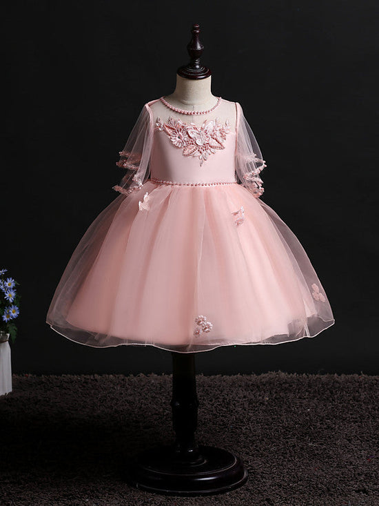 Short Princess Satin Tulle Flower Girl Dresses Wedding Birthday Party Dresses-BIZTUNNEL