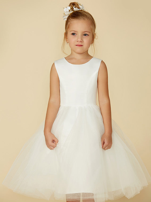 Short Princess Satin Tulle Wedding First Communion Flower Girl Dresses-BIZTUNNEL