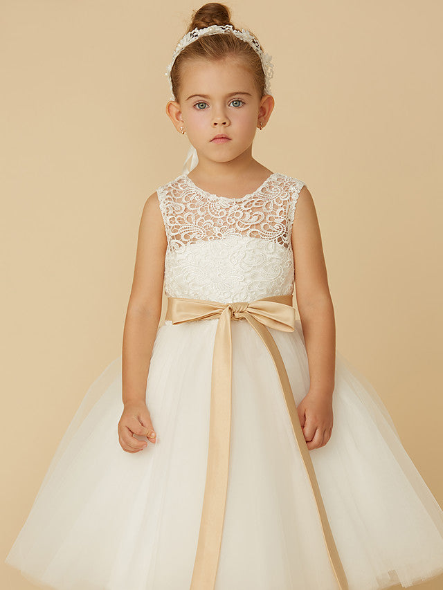 
                  
                    Short Princess Tulle Jewel Neck Wedding First Communion Flower Girl Dresses-BIZTUNNEL
                  
                