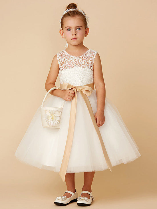 Short Princess Tulle Jewel Neck Wedding First Communion Flower Girl Dresses-BIZTUNNEL