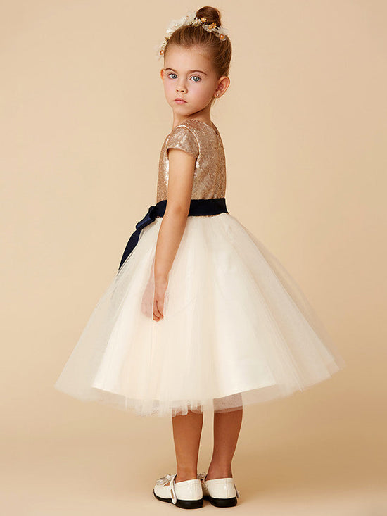 Short Princess Tulle Sequined Jewel Neck Pageant Flower Girl Dresses with Sleeves-BIZTUNNEL