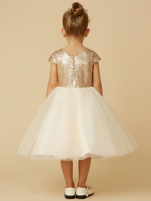 Short Princess Tulle Sequined Jewel Neck Pageant Flower Girl Dresses with Sleeves-BIZTUNNEL