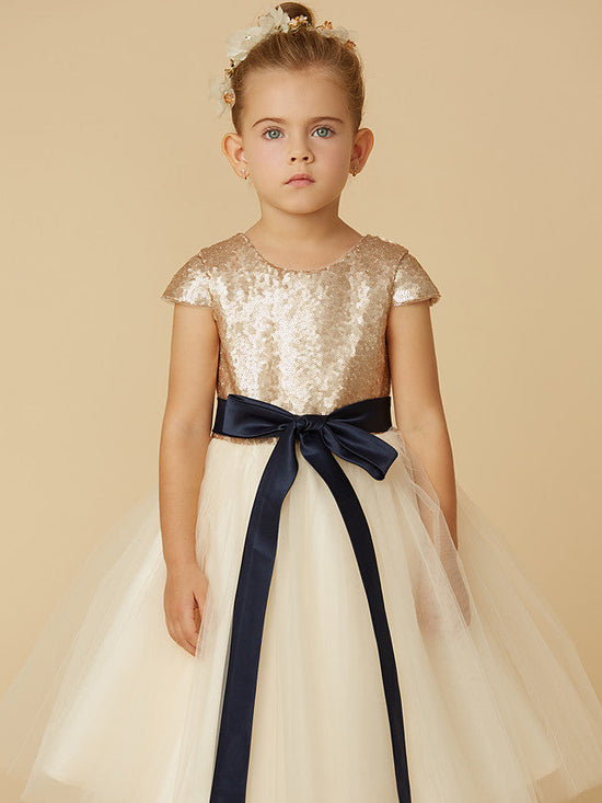 Short Princess Tulle Sequined Jewel Neck Pageant Flower Girl Dresses with Sleeves-BIZTUNNEL