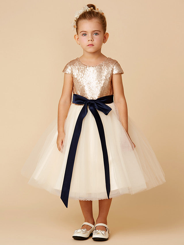 Short Princess Tulle Sequined Jewel Neck Pageant Flower Girl Dresses with Sleeves-BIZTUNNEL