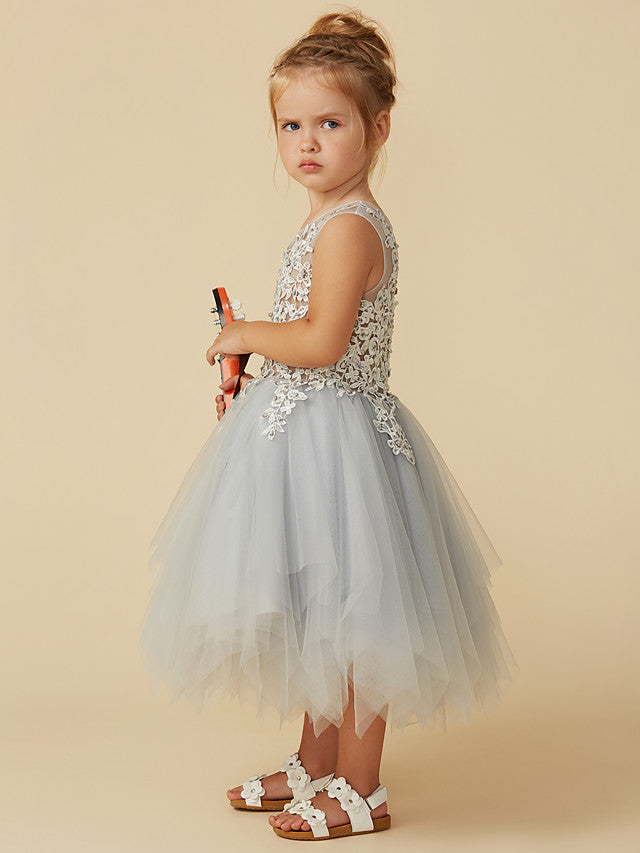 Short Princess Tulle Sleeveless Jewel Neck Pageant Flower Girl Dresses-BIZTUNNEL