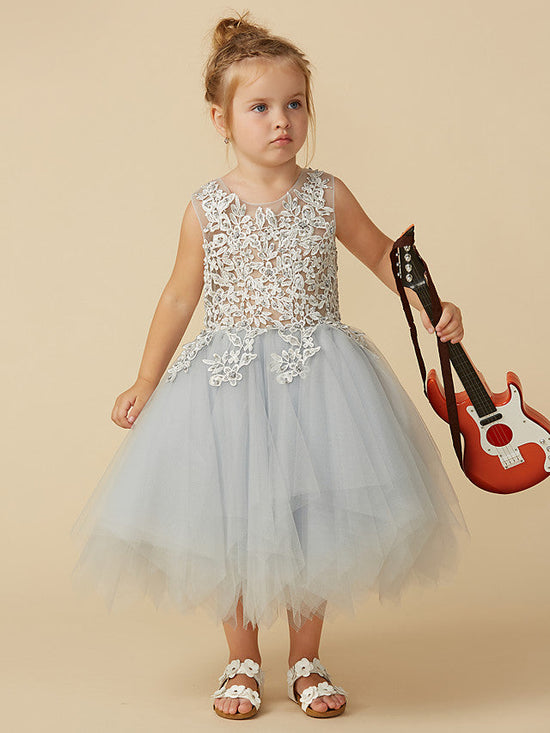 Short Princess Tulle Sleeveless Jewel Neck Pageant Flower Girl Dresses-BIZTUNNEL