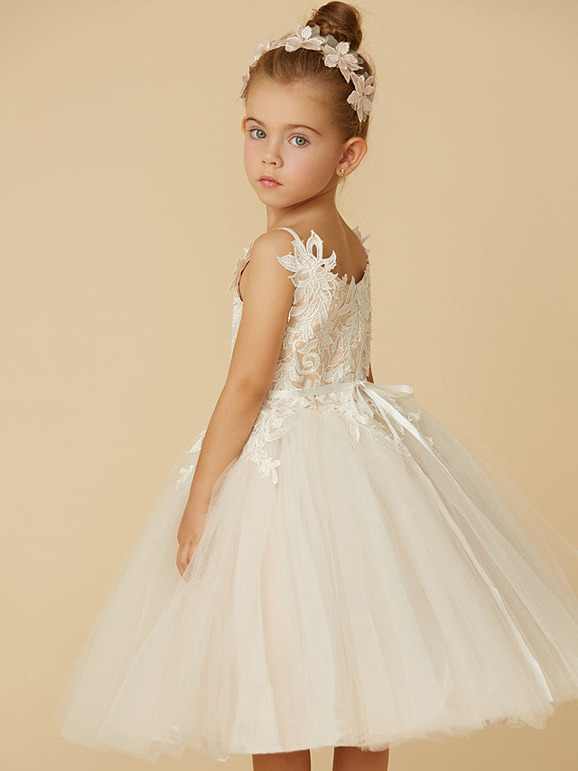 Short Princess Tulle Wedding First Communion Flower Girl Dresses-BIZTUNNEL