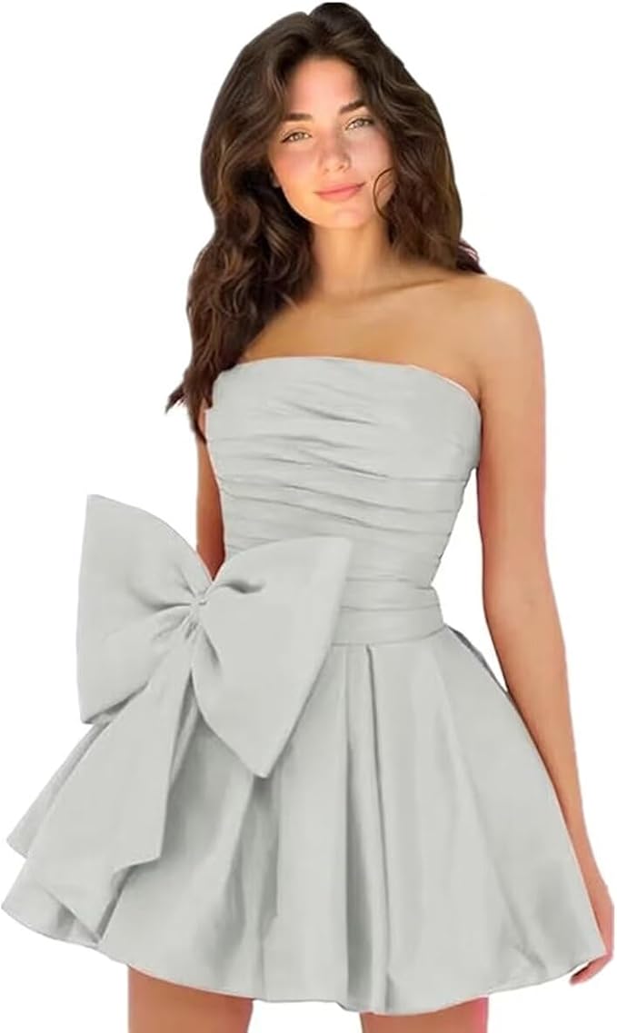 Chic Short Homecoming Dresses A-line Sleeveless Strapless Ruched Lace Up Party Dresses with Bow