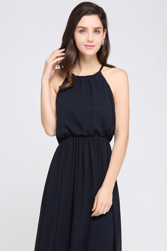 Simple A-Line Chiffon Halter Sleeveless Long Bridesmaid Dresses-BIZTUNNEL