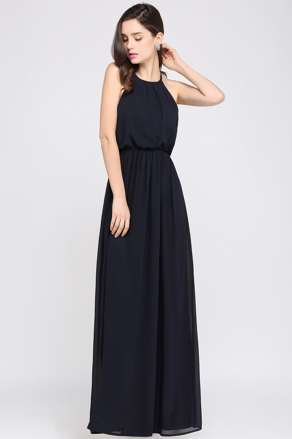 Simple A-Line Chiffon Halter Sleeveless Long Bridesmaid Dresses-BIZTUNNEL