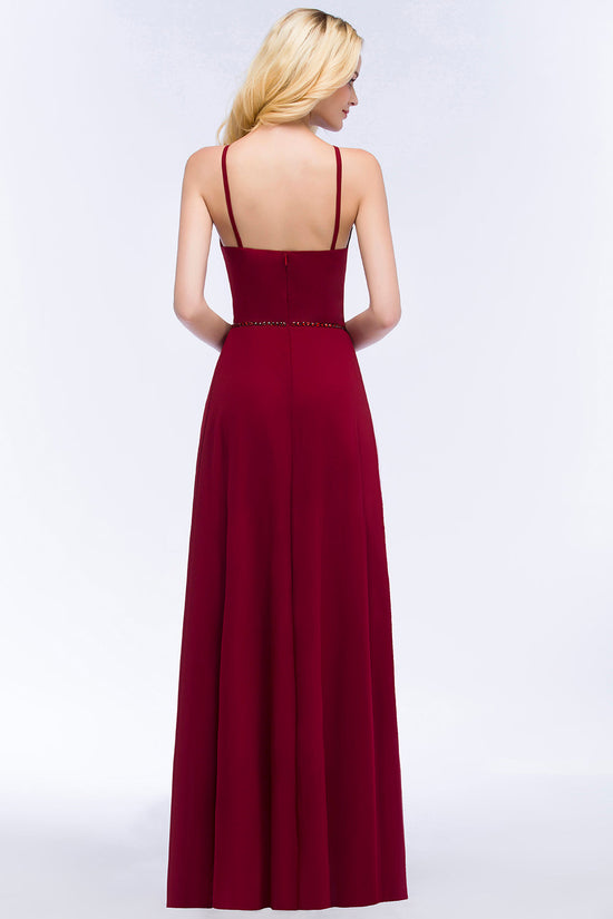 Simple A-Line Chiffon Spaghetti Straps Long Bridesmaid Dresses with Beading Sash-BIZTUNNEL