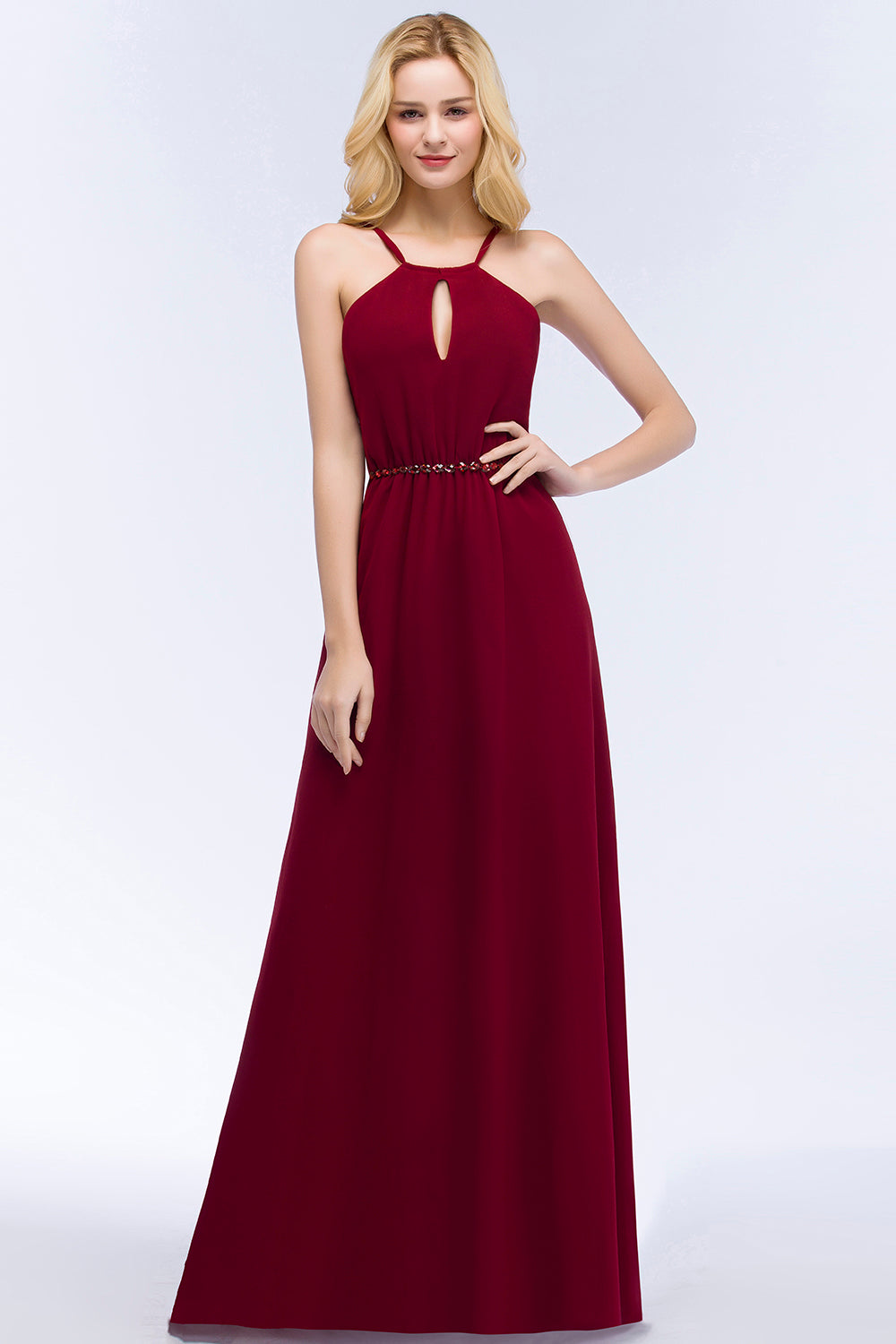 Simple A-Line Chiffon Spaghetti Straps Long Bridesmaid Dresses with Beading Sash-BIZTUNNEL