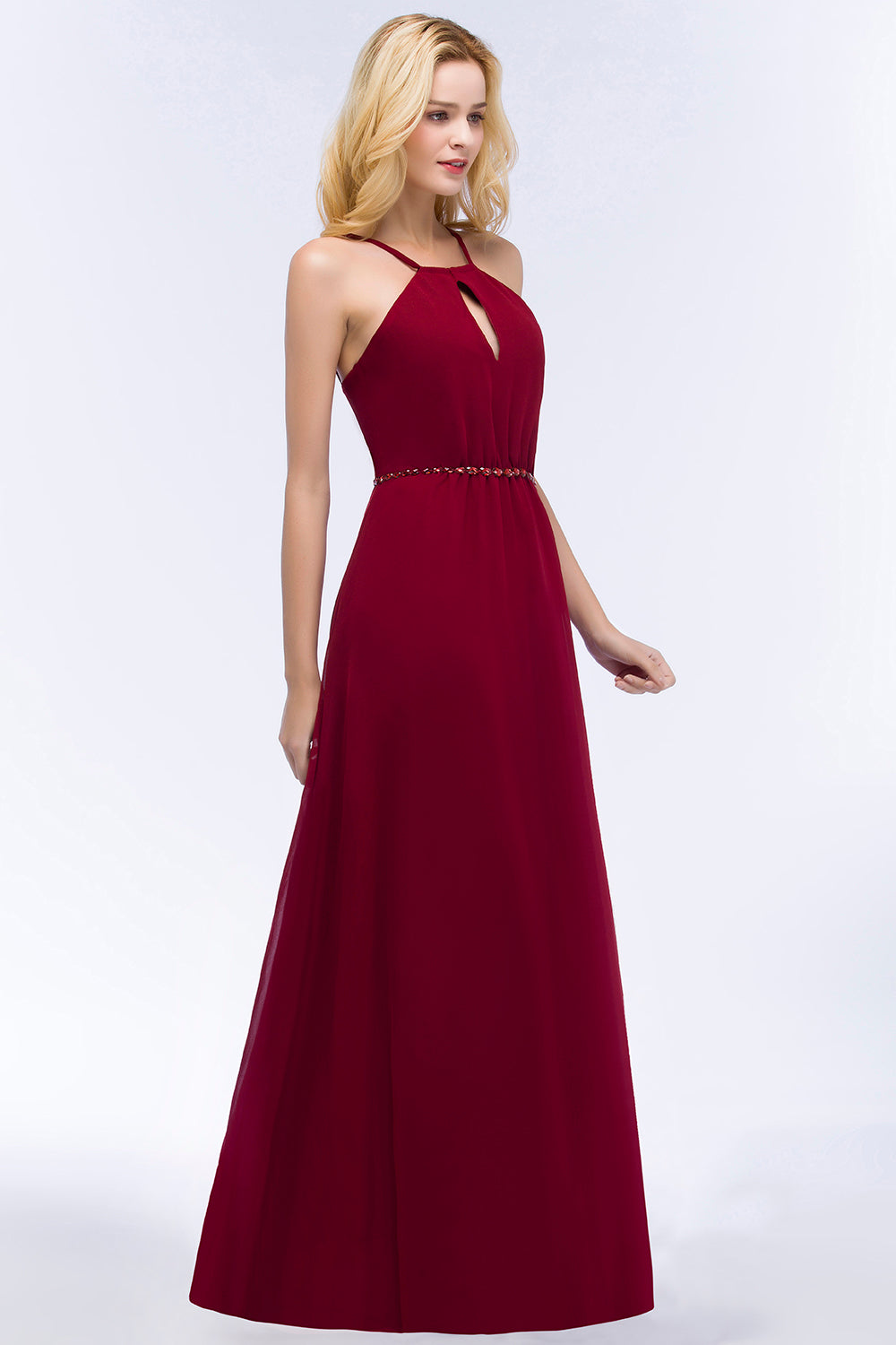 Simple A-Line Chiffon Spaghetti Straps Long Bridesmaid Dresses with Beading Sash-BIZTUNNEL