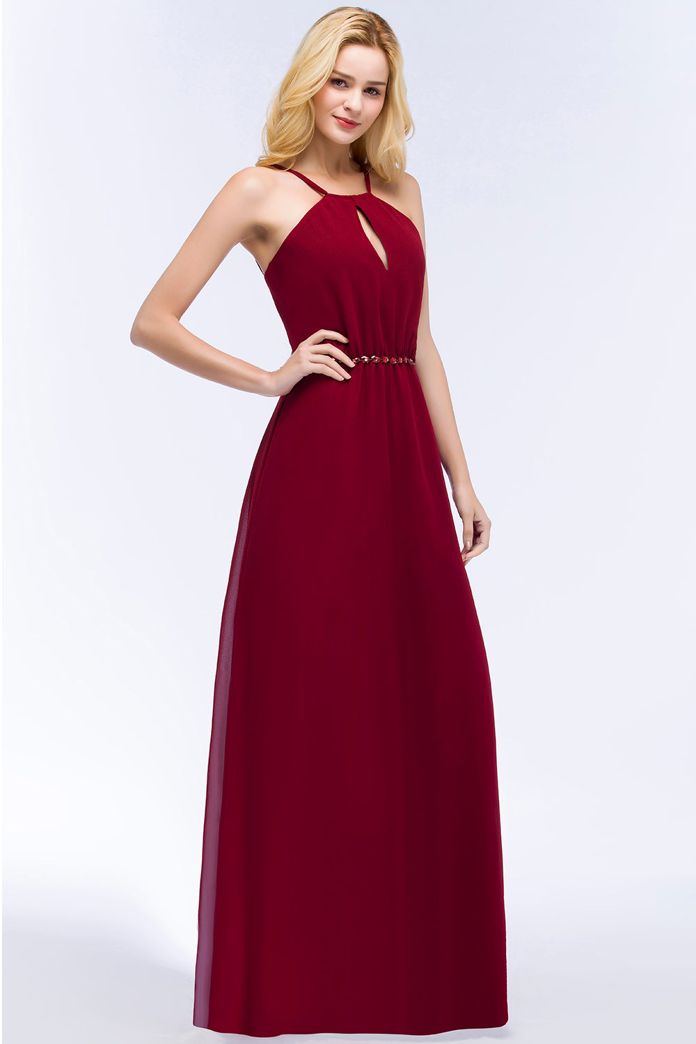 Simple A-Line Chiffon Spaghetti Straps Long Bridesmaid Dresses with Beading Sash-BIZTUNNEL