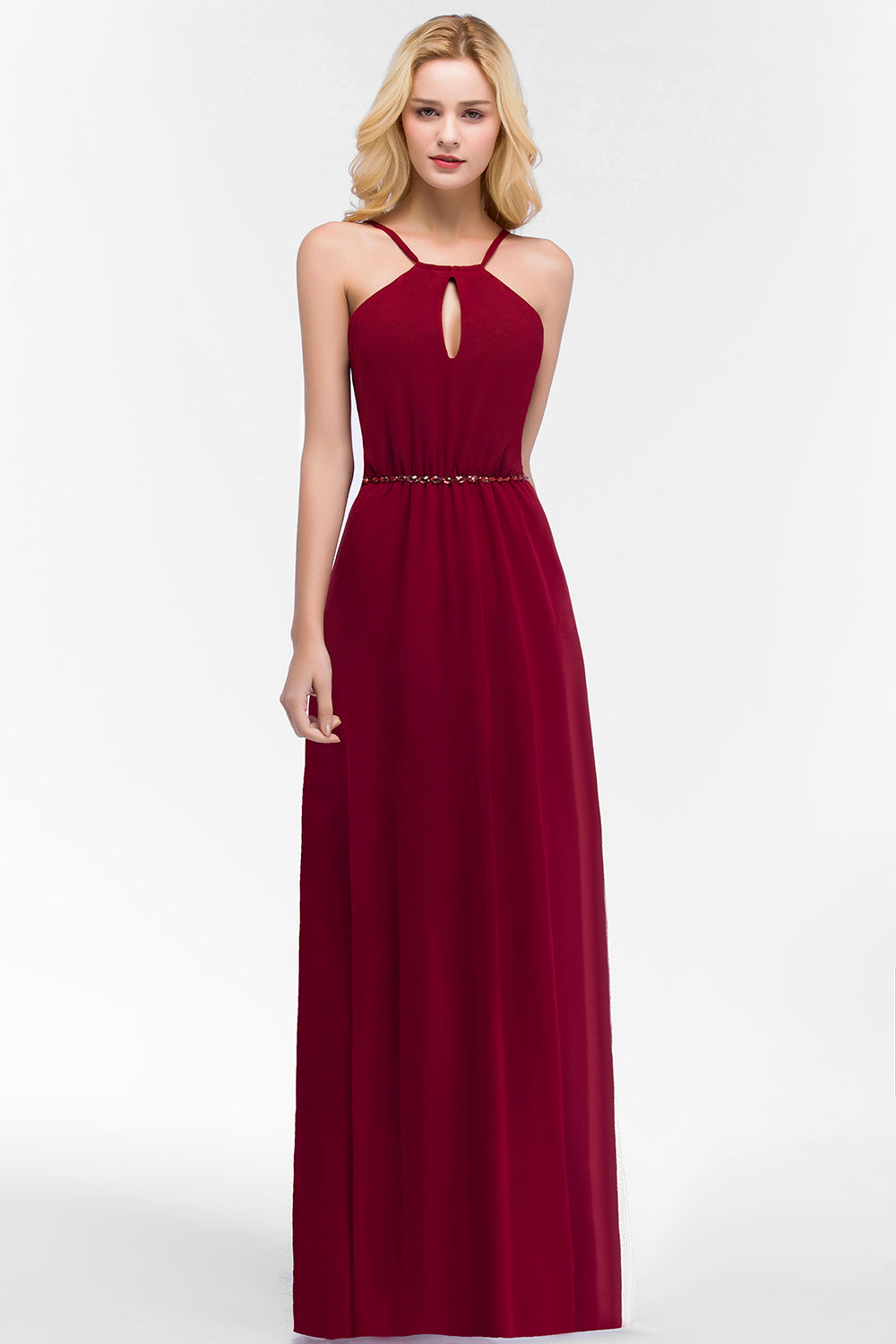 Simple A-Line Chiffon Spaghetti Straps Long Bridesmaid Dresses with Beading Sash-BIZTUNNEL