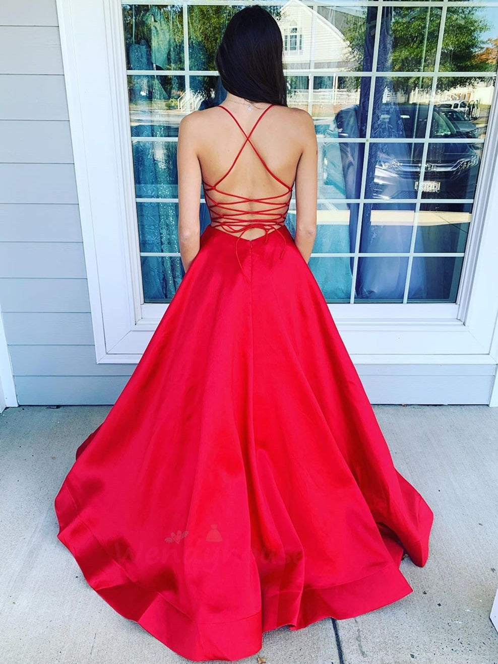 Simple A-line V Neck Backless Satin Long Formal Prom Dresses with Pockets-BIZTUNNEL