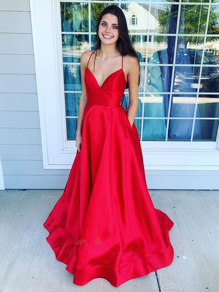 Simple A-line V Neck Backless Satin Long Formal Prom Dresses with Pockets-BIZTUNNEL