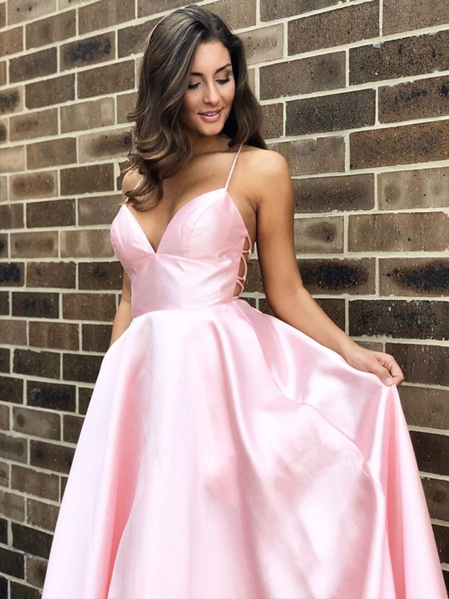 Simple A Line V Neck Backless Satin Long Prom Formal Evening Dresses-BIZTUNNEL