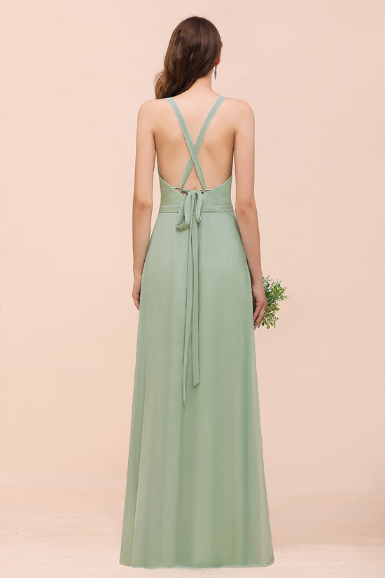 Simple A-line V-neck Chiffon Wide Straps Long Bridesmaid Dress With Pockets-BIZTUNNEL