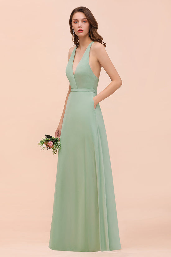 Simple A-line V-neck Chiffon Wide Straps Long Bridesmaid Dress With Pockets-BIZTUNNEL