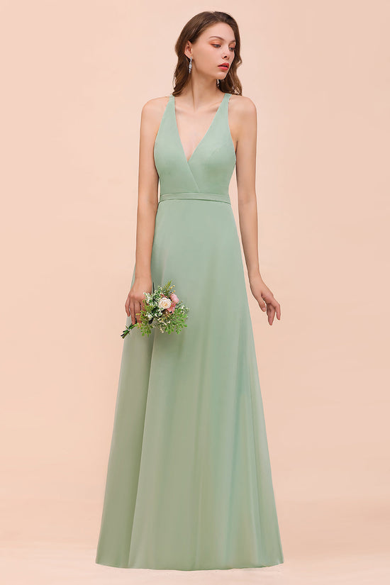 Simple A-line V-neck Chiffon Wide Straps Long Bridesmaid Dress With Pockets-BIZTUNNEL