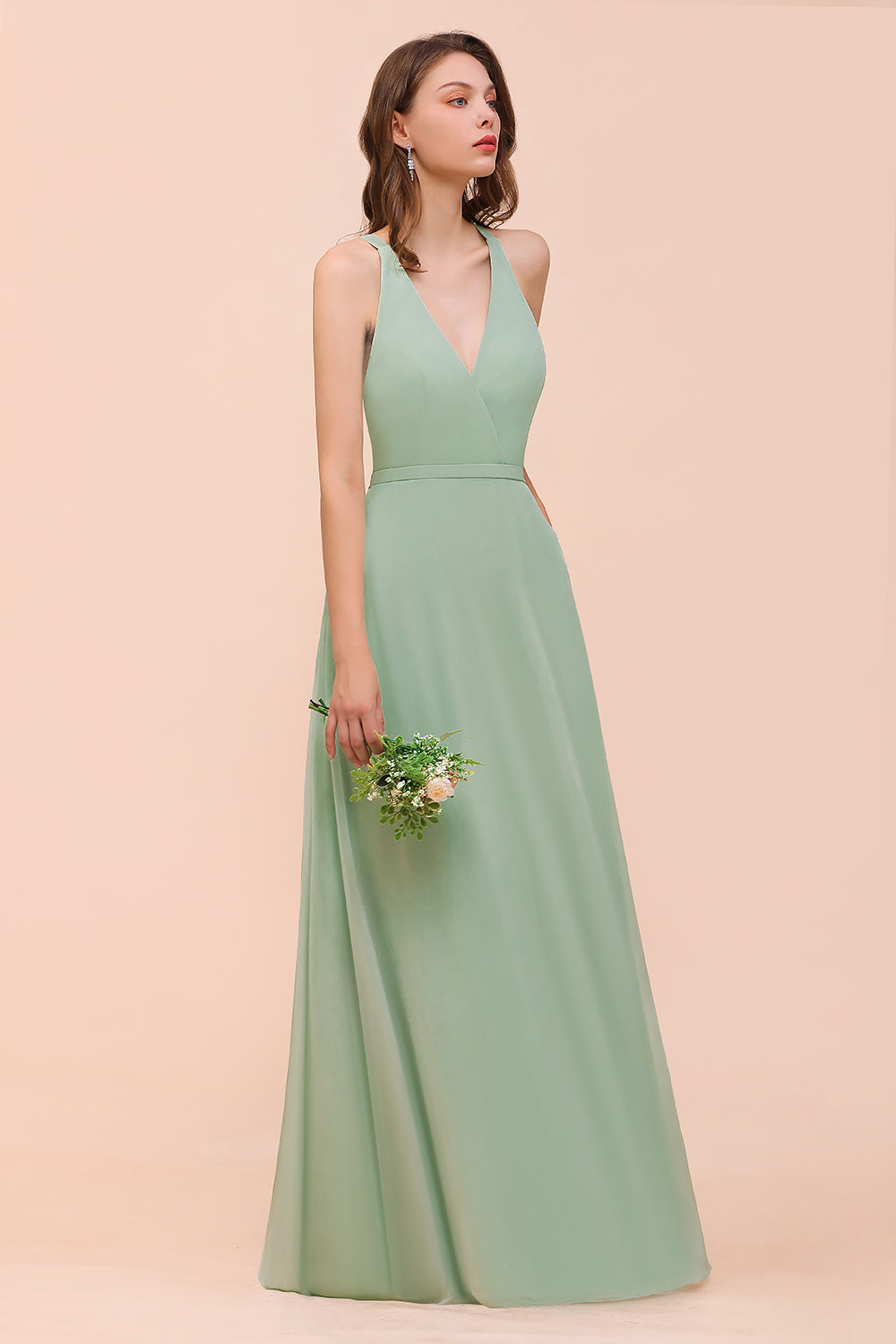 Simple A-line V-neck Chiffon Wide Straps Long Bridesmaid Dress With Pockets-BIZTUNNEL