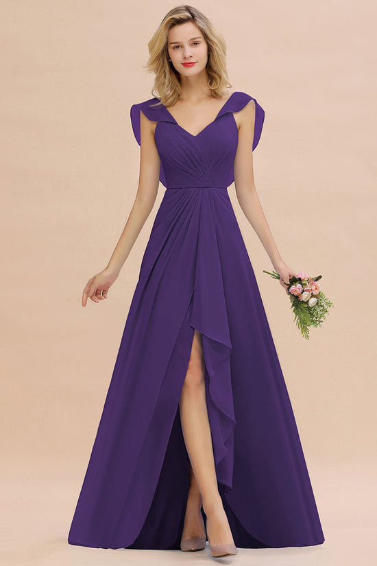 Simple High Low V-Neck Ruffles Chiffon Bridesmaid Dress-BIZTUNNEL