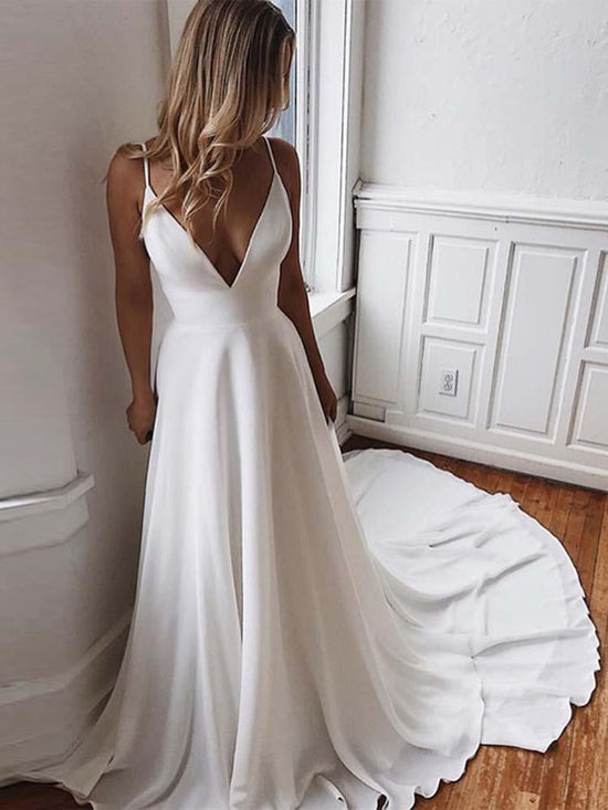 Simple Ivory Long A-line V-Neck Satin Backelss Wedding Dresses-BIZTUNNEL