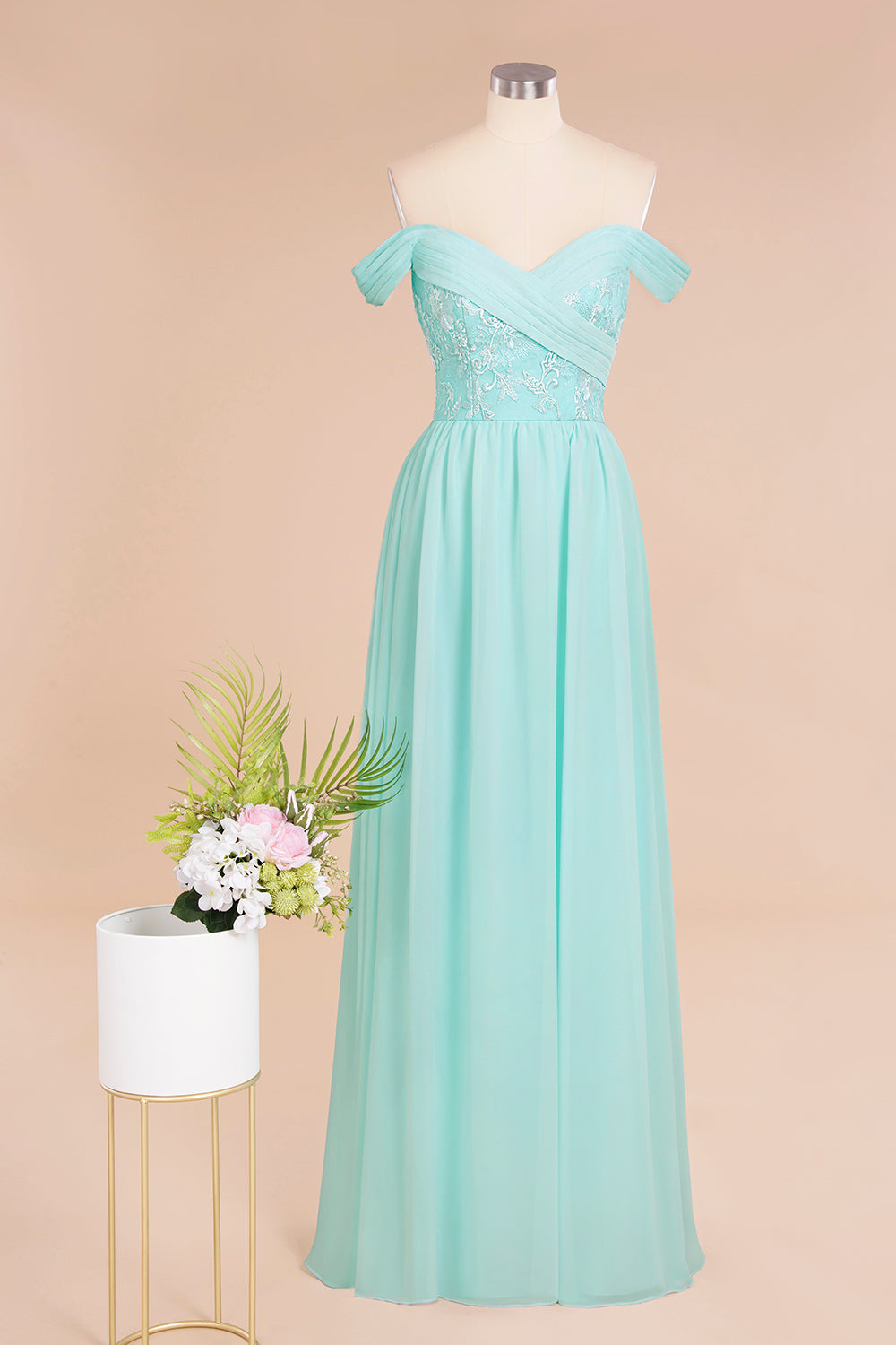 Simple Long A-line Ruffles Off-the-shoulder Bridesmaid Dress with Appl –  BIZTUNNEL