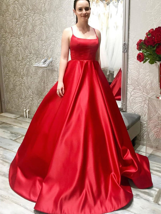 Simple Long A-line Spaghetti Straps Backless Satin Prom Formal Graduation Dresses-BIZTUNNEL