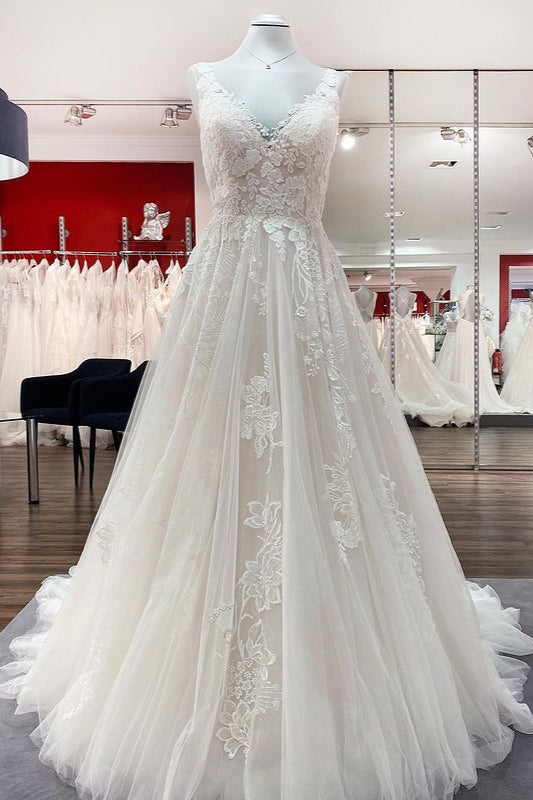 Simple Long A-line Tulle Lace V Neck Appliques Lace Open Back Wedding Dress-BIZTUNNEL