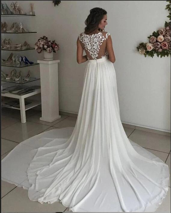 Simple Long A-line V-neck Chiffon Lace Wedding Dress with Slit-BIZTUNNEL