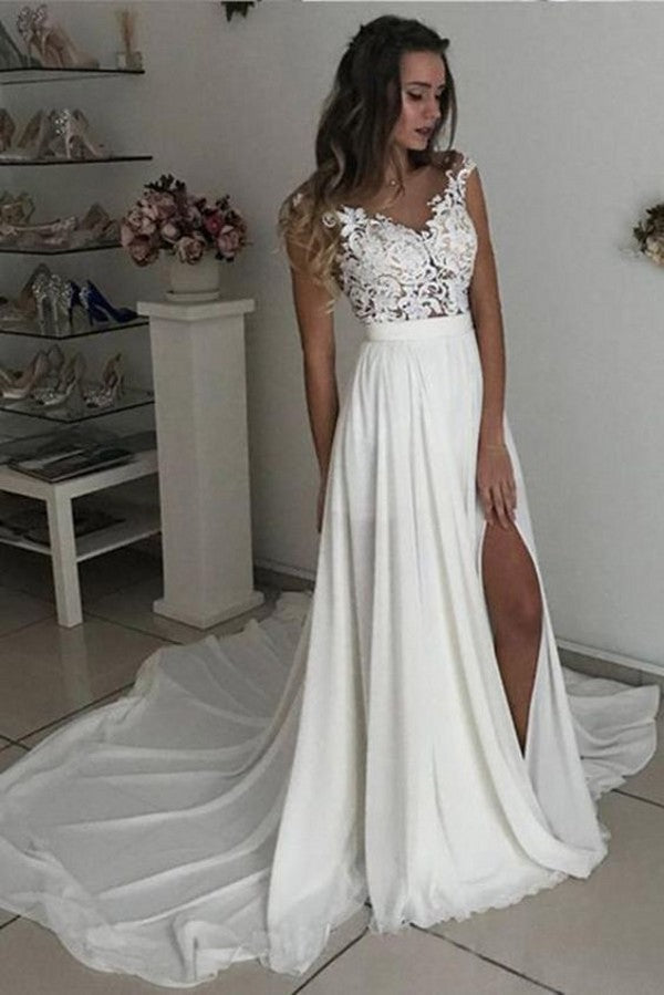 Simple Long A-line V-neck Chiffon Lace Wedding Dress with Slit-BIZTUNNEL