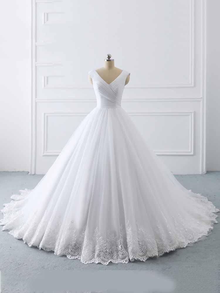 Simple Long Ball Gown V-Neck Lace-Up Tulle Wedding Dresses-BIZTUNNEL