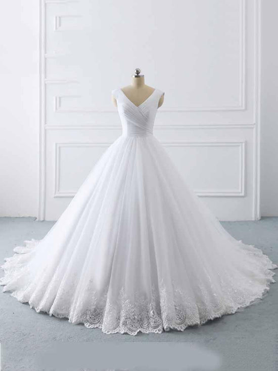 Simple Long Ball Gown V-Neck Lace-Up Tulle Wedding Dresses-BIZTUNNEL