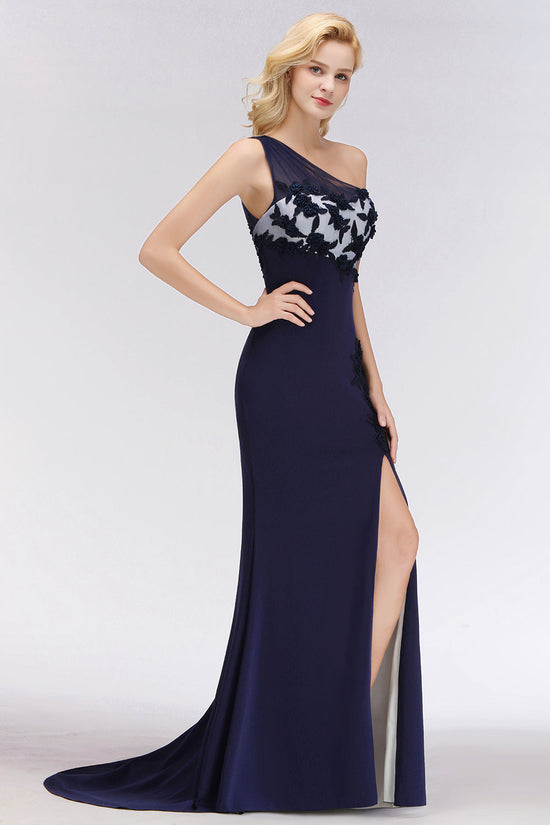 Simple Long One Shoulder Mermaid Bridesmaid Dress with Slit-BIZTUNNEL