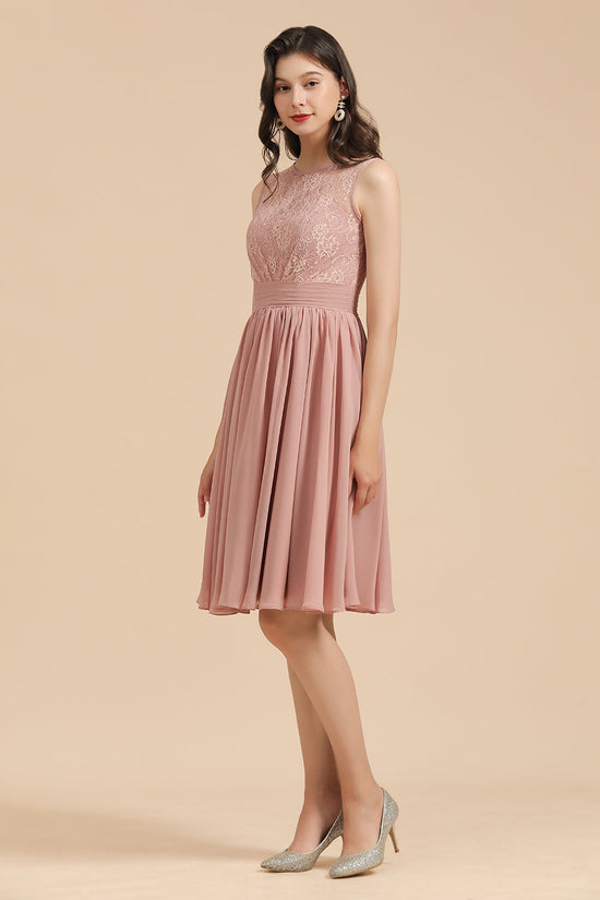 Simple Short A-line Lace Straps Chiffon Bridesmaid Dress-BIZTUNNEL