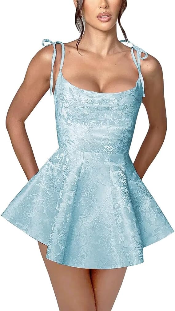 A-line Short Homecoming Dress Spaghetti Straps Satin Sleeveless Party Dress Jacquard Party Dresses