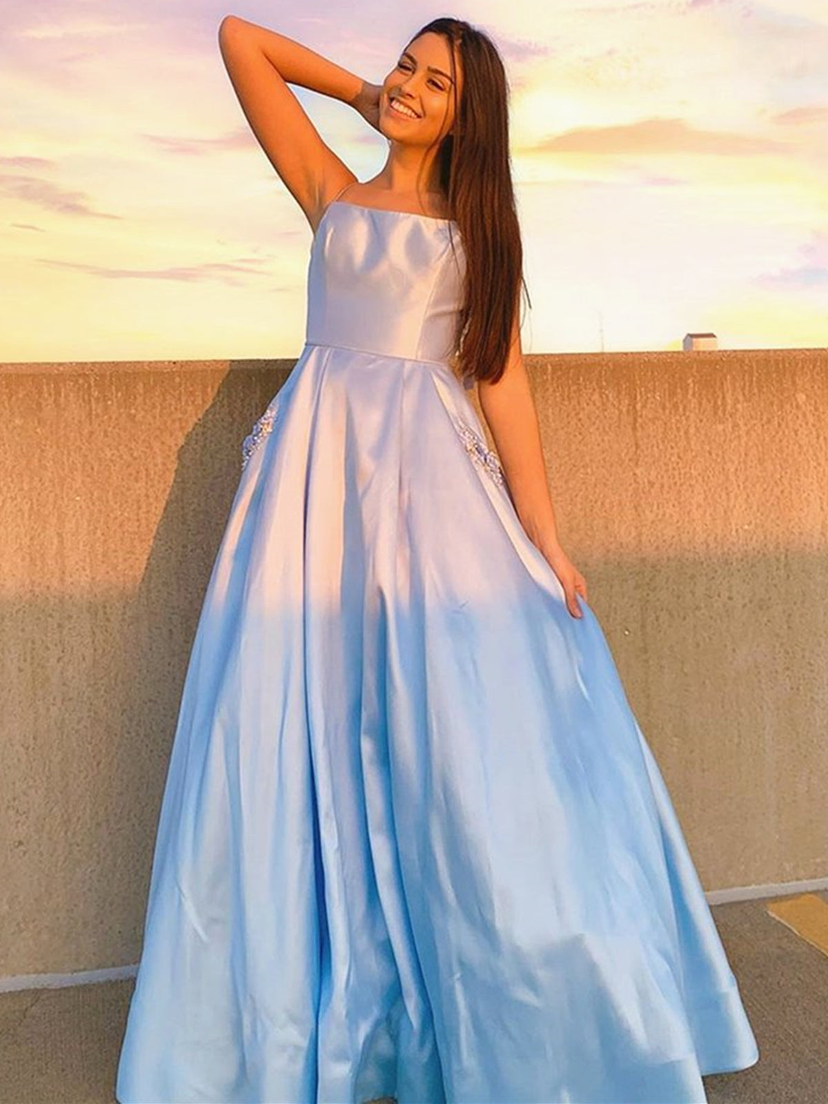 Sky Blue Long A-line Satin Formal Graduation Prom Dresses with Pockets-BIZTUNNEL