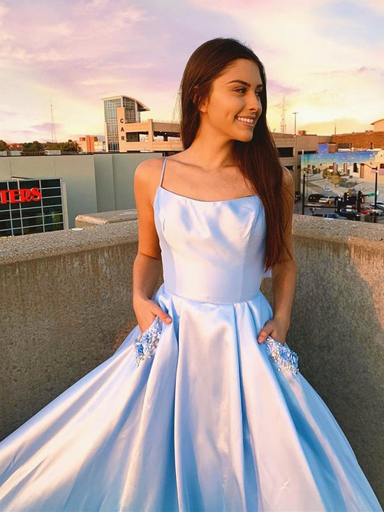 Sky Blue Long A-line Satin Formal Graduation Prom Dresses with Pockets-BIZTUNNEL