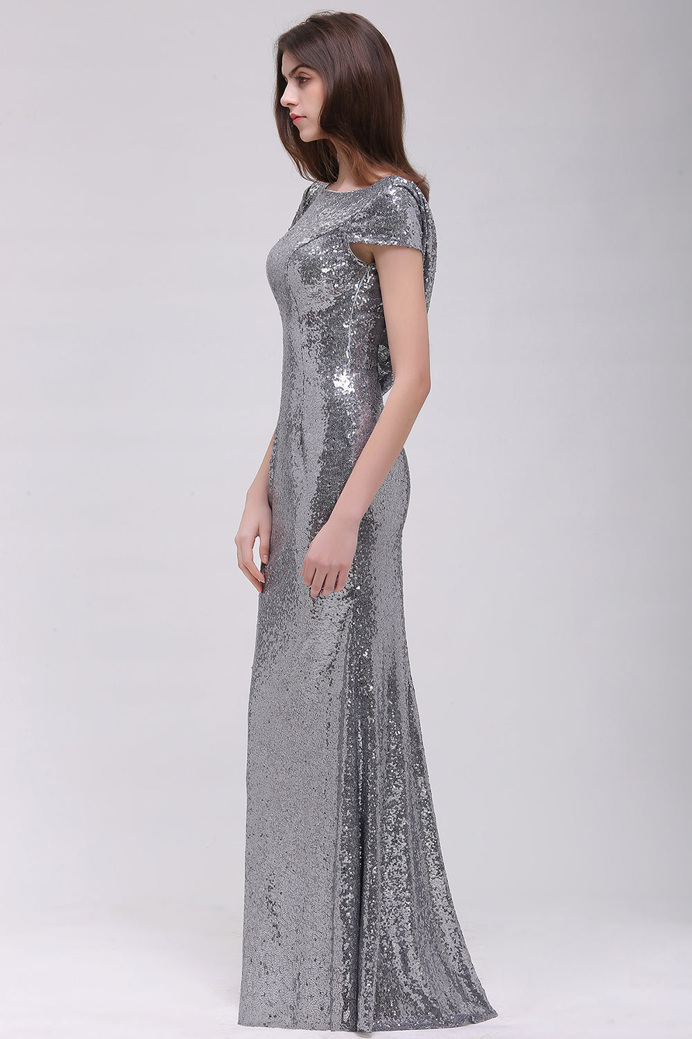 Sparkly Mermaid Sequins Scoop Long Backlesss Bridesmaid Dresses with Sleeves-BIZTUNNEL