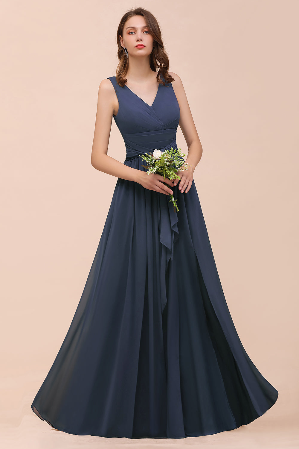 Stormy A-line V-neck Chiffon Long Bridesmaid Dress with Slit-BIZTUNNEL