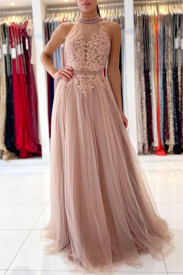 Stunning A line High Neck Tulle Long Formal Prom Dress with Lace Appliques