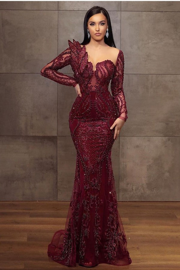 Stunning Burgundy Long Mermaid Sweetheart Lace Tulle Formal Evening Dr –  BIZTUNNEL