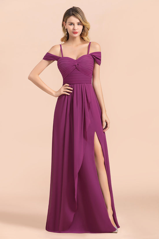 Stunning Long A-line Off-the-Shoulder Chiffon Bridesmaid Dress With Slit-BIZTUNNEL