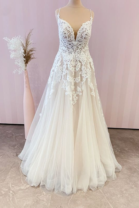 Stunning Long A-Line Spaghetti Straps Appliques Lace Tulle Wedding Dress-BIZTUNNEL