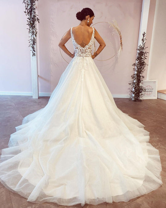 Stunning Long A-Line V-neck Backless Wedding Dress With Appliques Lace-BIZTUNNEL