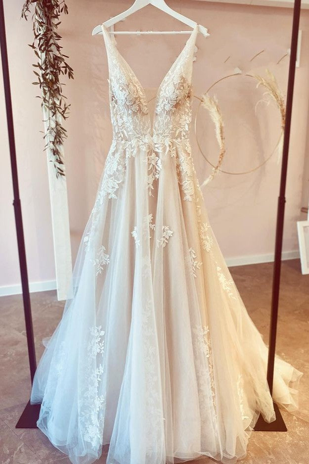 Stunning Long A-Line V-neck Tulle Floral Lace Wedding Dress-BIZTUNNEL