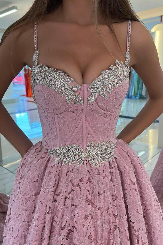 Pink Tulle Floral Lace A-line Sweetheart Long Prom Dresses With Side Split,  SP750